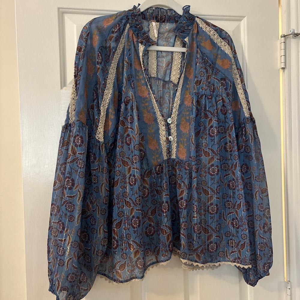 Free People Blue and Brown Floral Blouse